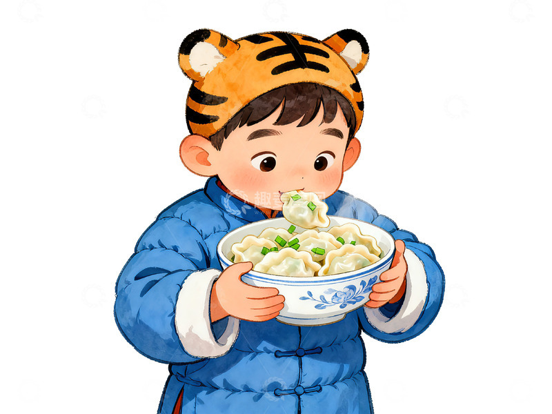 高清大图下载【趣麦麦图】卡通小男孩吃饺子插画