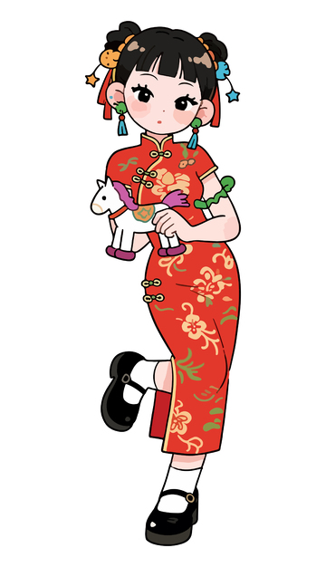 卡通旗袍少女白马插画设计素材