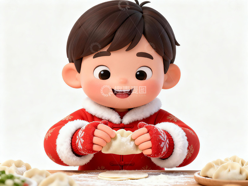 高清大图下载【趣麦麦图】卡通新年包饺子场景3D模型