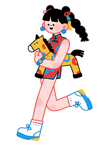 卡通女孩骑马插画