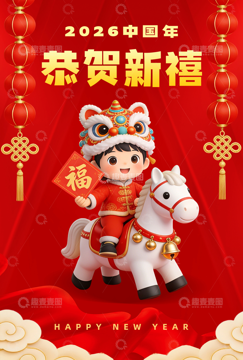 源文件下载【趣麦麦图】喜庆中国风新年插画恭贺新禧海报素材