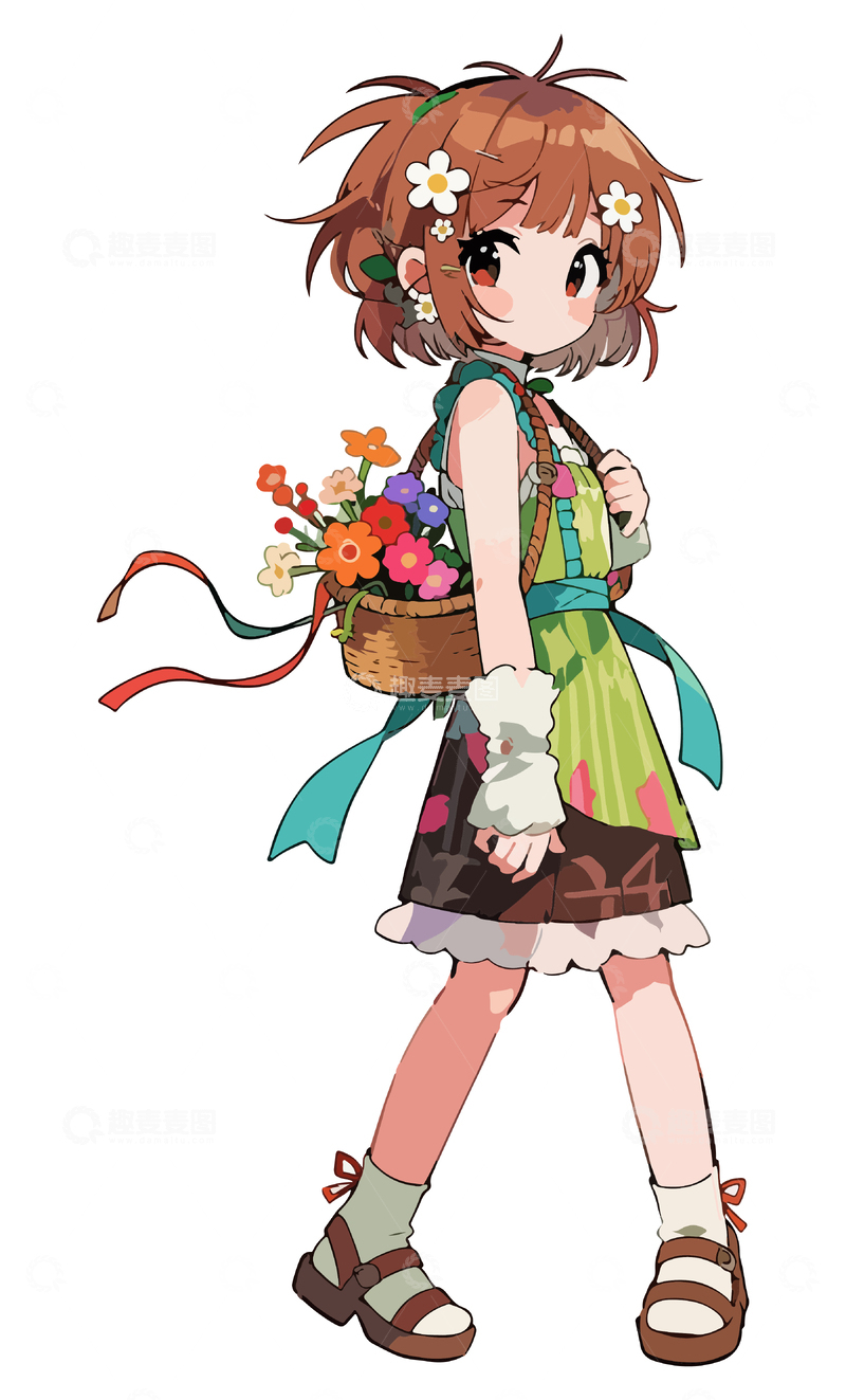 源文件下载【趣麦麦图】卡通少女花篮插画设计元素