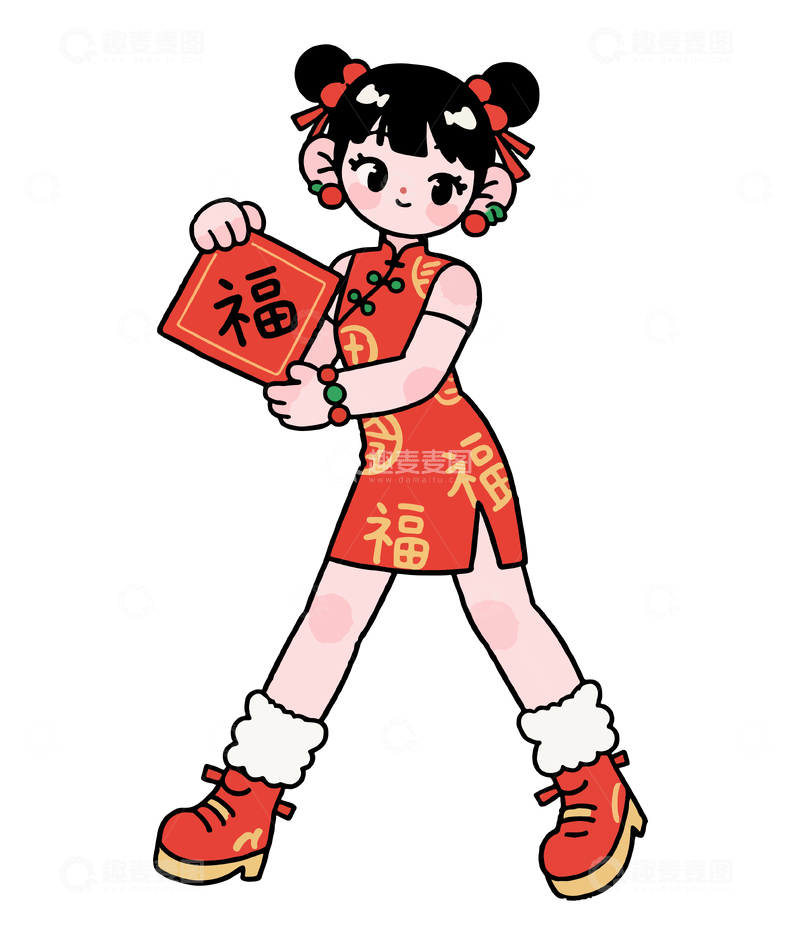 源文件下载【趣麦麦图】-新年喜庆卡通女孩插画