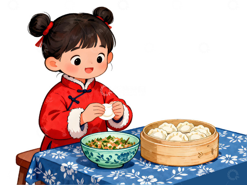 高清大图下载【趣麦麦图】春节女孩包饺子卡通插画
