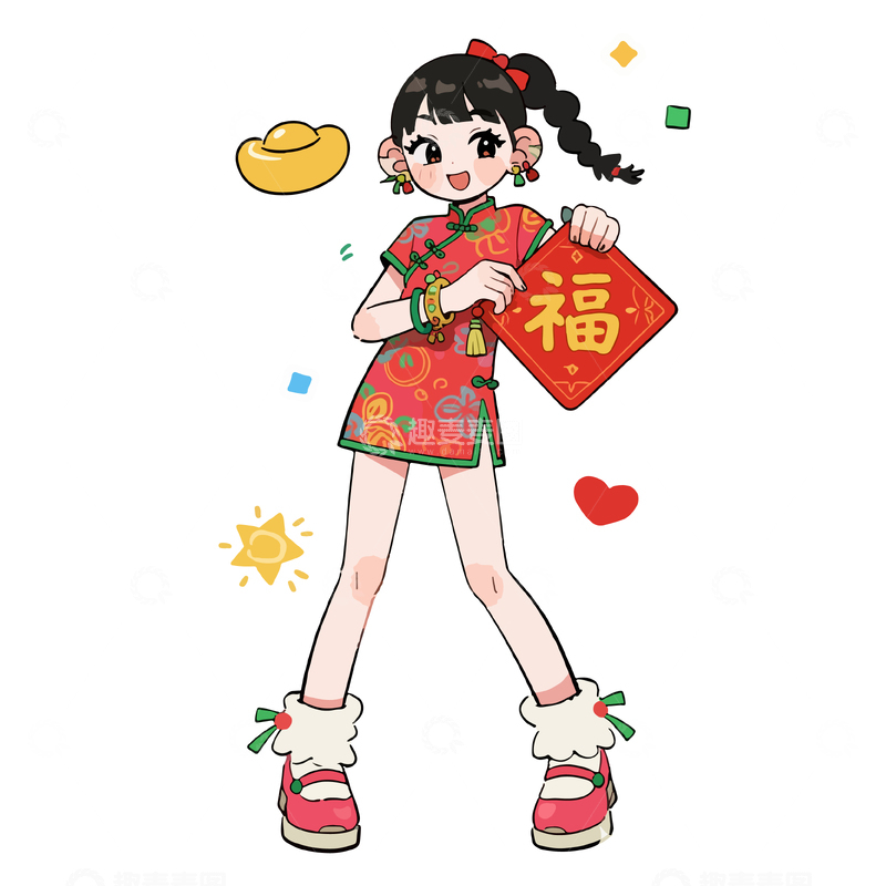 源文件下载【趣麦麦图】卡通新年喜庆女孩插画素材