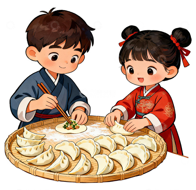 高清大图下载【趣麦麦图】卡通风格春节包饺子插画素材