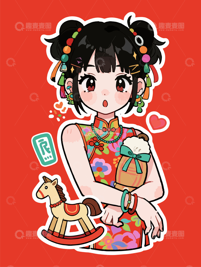 源文件下载【趣麦麦图】卡通旗袍少女新年喜庆贴纸