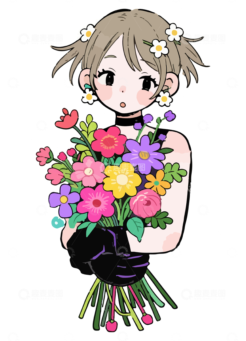 源文件下载【趣麦麦图】卡通风格花束女孩插画