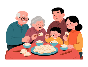 卡通家庭饺子聚餐插画
