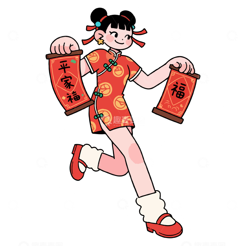 源文件下载【趣麦麦图】-卡通春节喜庆女孩灯笼插画