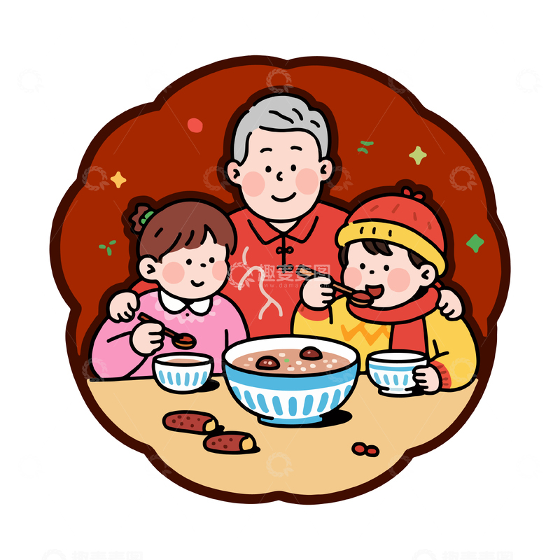 源文件下载【趣麦麦图】卡通春节家庭聚餐插画