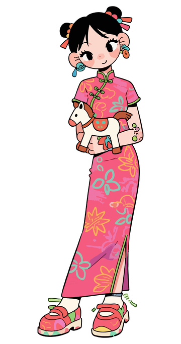 卡通旗袍女孩抱着小动物插画