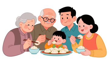 卡通家庭聚餐温馨场景插画
