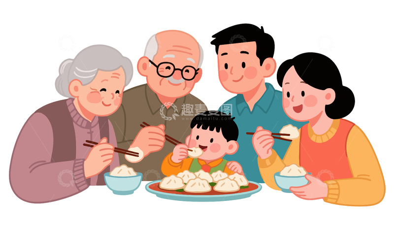 源文件下载【趣麦麦图】卡通家庭聚餐温馨场景插画