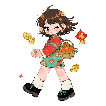 卡通新年女孩祈福图