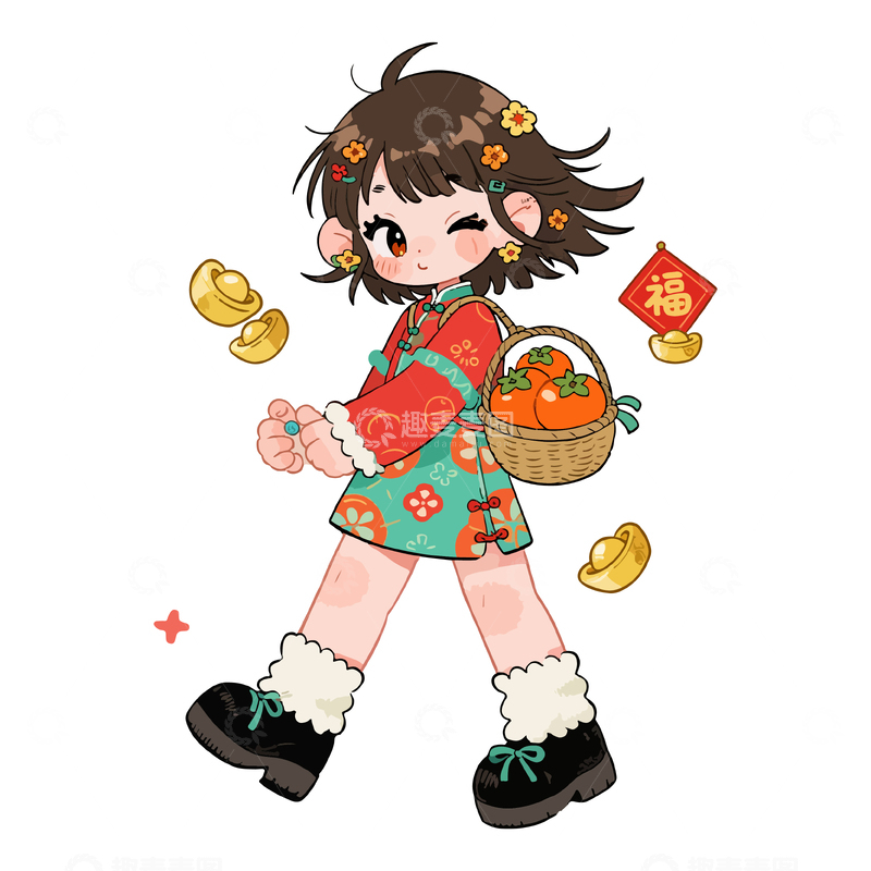源文件下载【趣麦麦图】卡通新年女孩祈福图