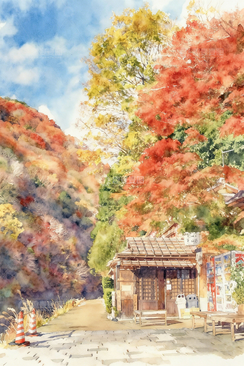 高清大图下载【趣麦麦图】水彩秋日乡村风光