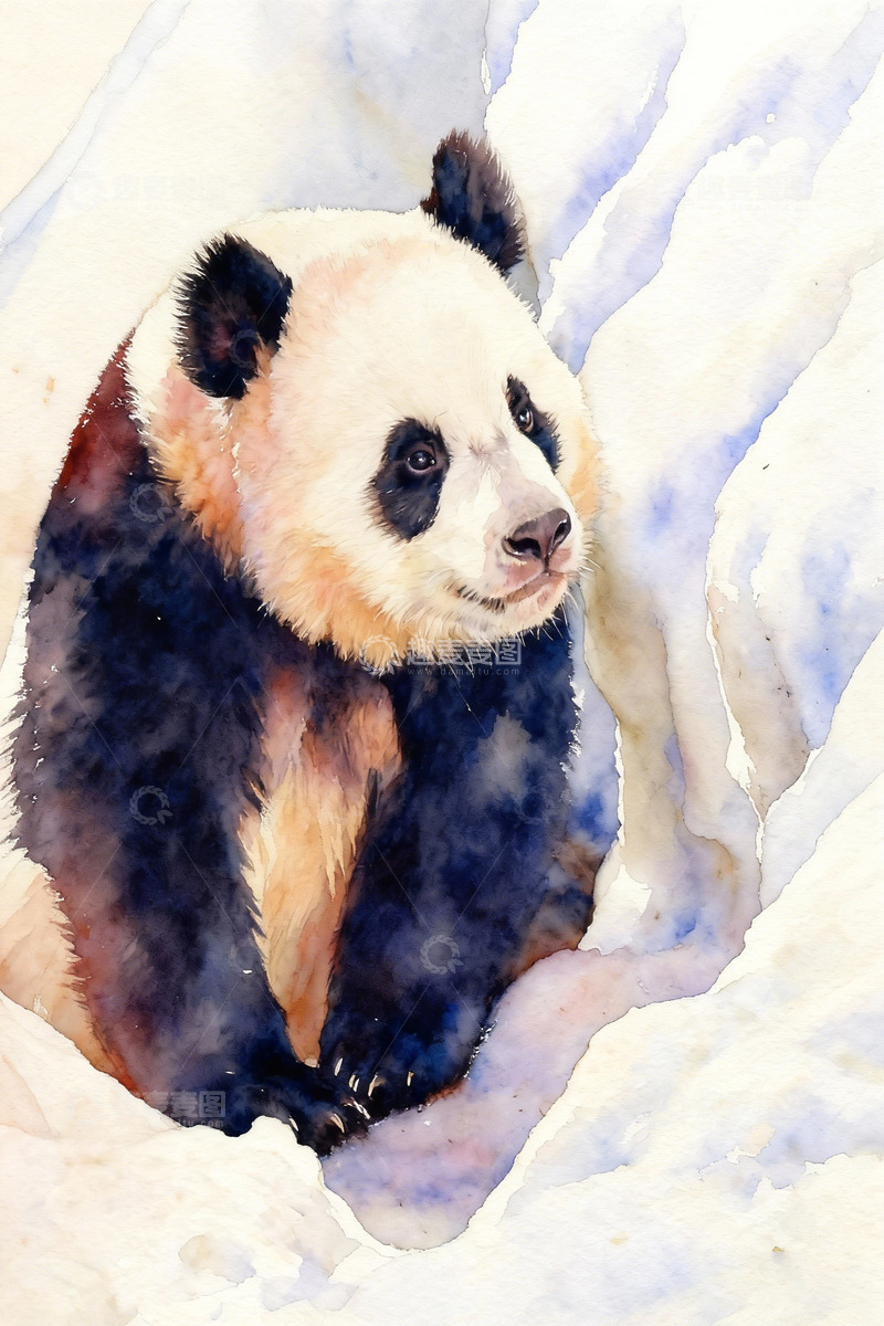 高清大图下载【趣麦麦图】水彩熊猫雪景绘画作品