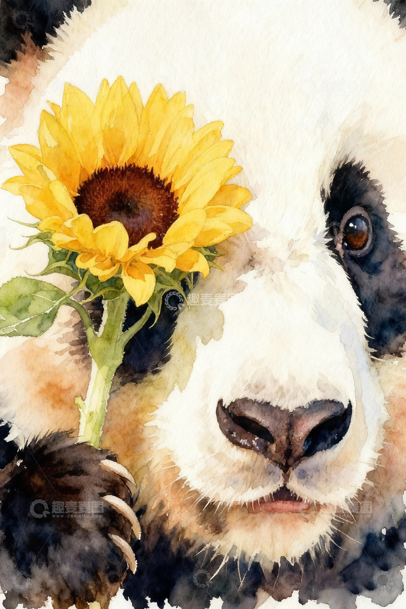 高清大图下载【趣麦麦图】熊猫向日葵水彩画