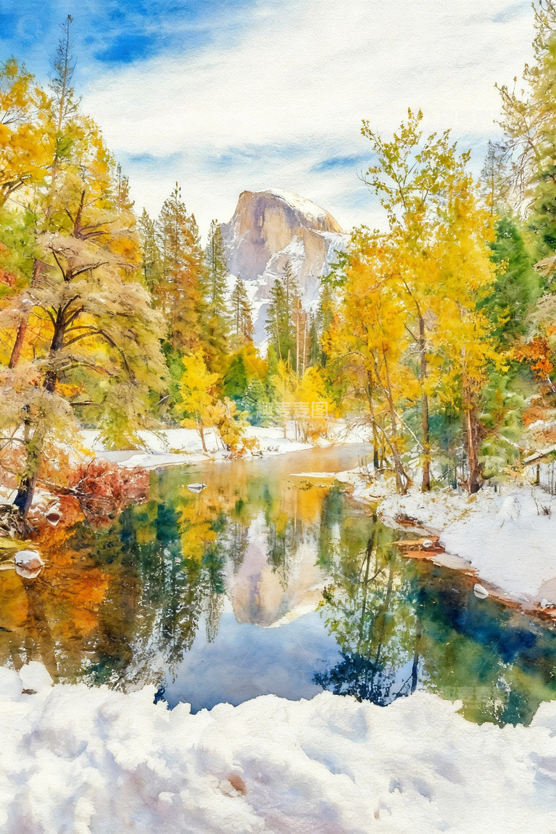 高清大图下载【趣麦麦图】水彩秋冬山水风光画作