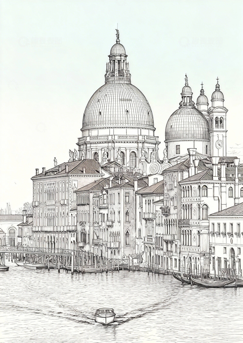 高清大图下载【趣麦麦图】素描风威尼斯建筑水域景色