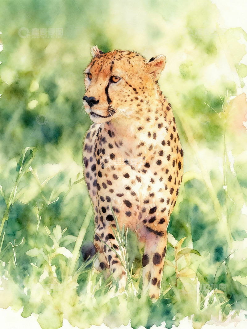 高清大图下载【趣麦麦图】水彩猎豹丛林野生绘画