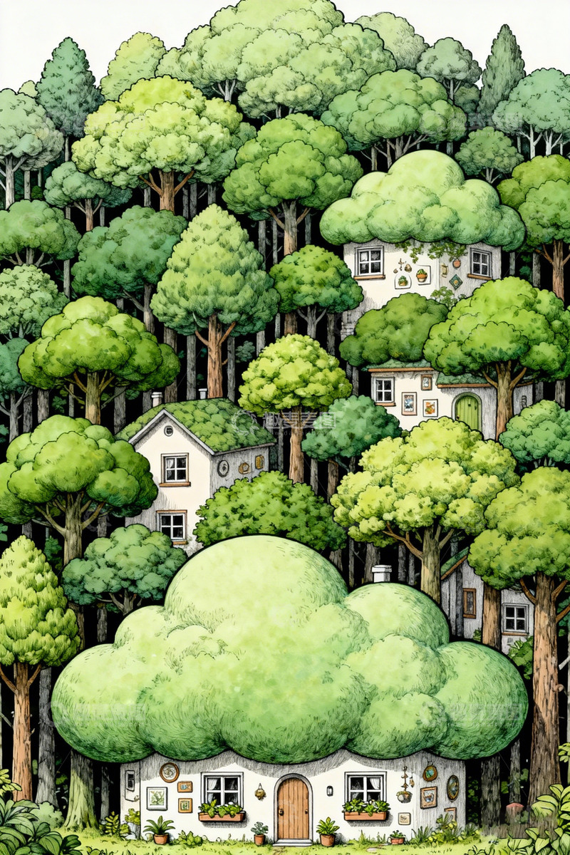 高清大图下载【趣麦麦图】森林小屋水彩插画