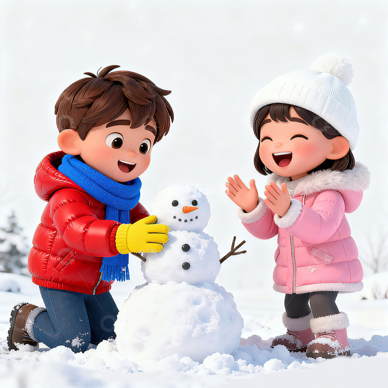 高清大图下载【趣麦麦图】卡通冬季雪地堆雪人