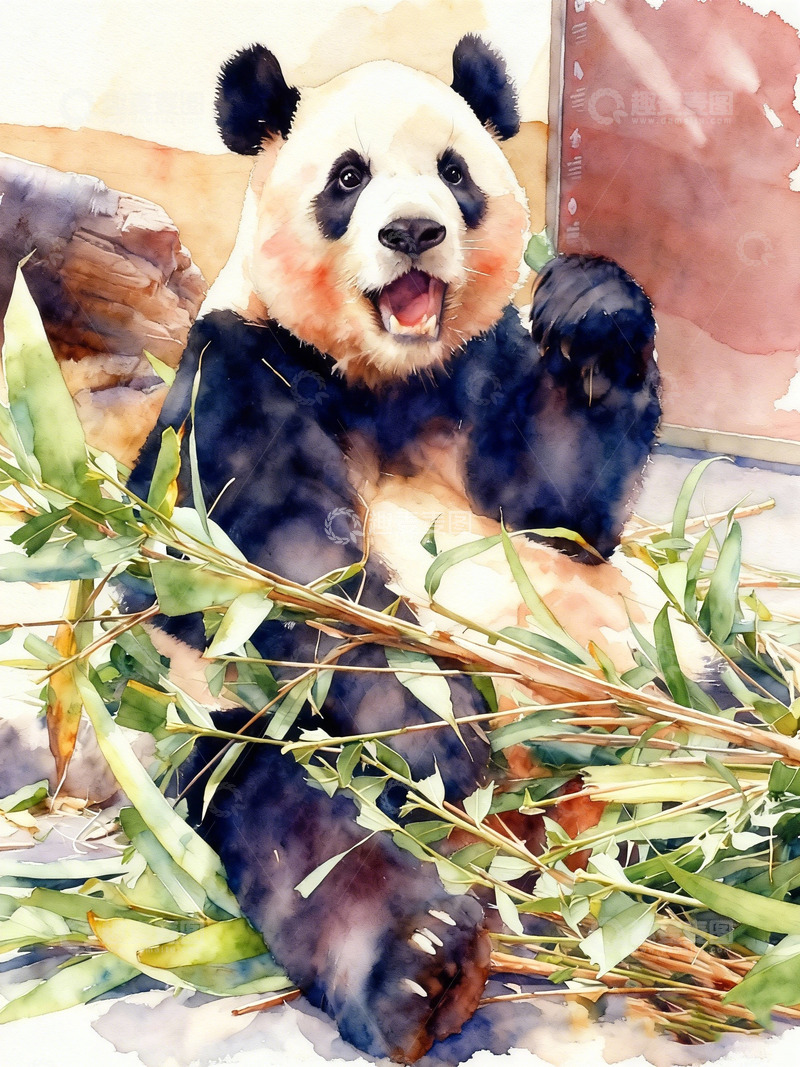 高清大图下载【趣麦麦图】水彩熊猫吃竹子插画