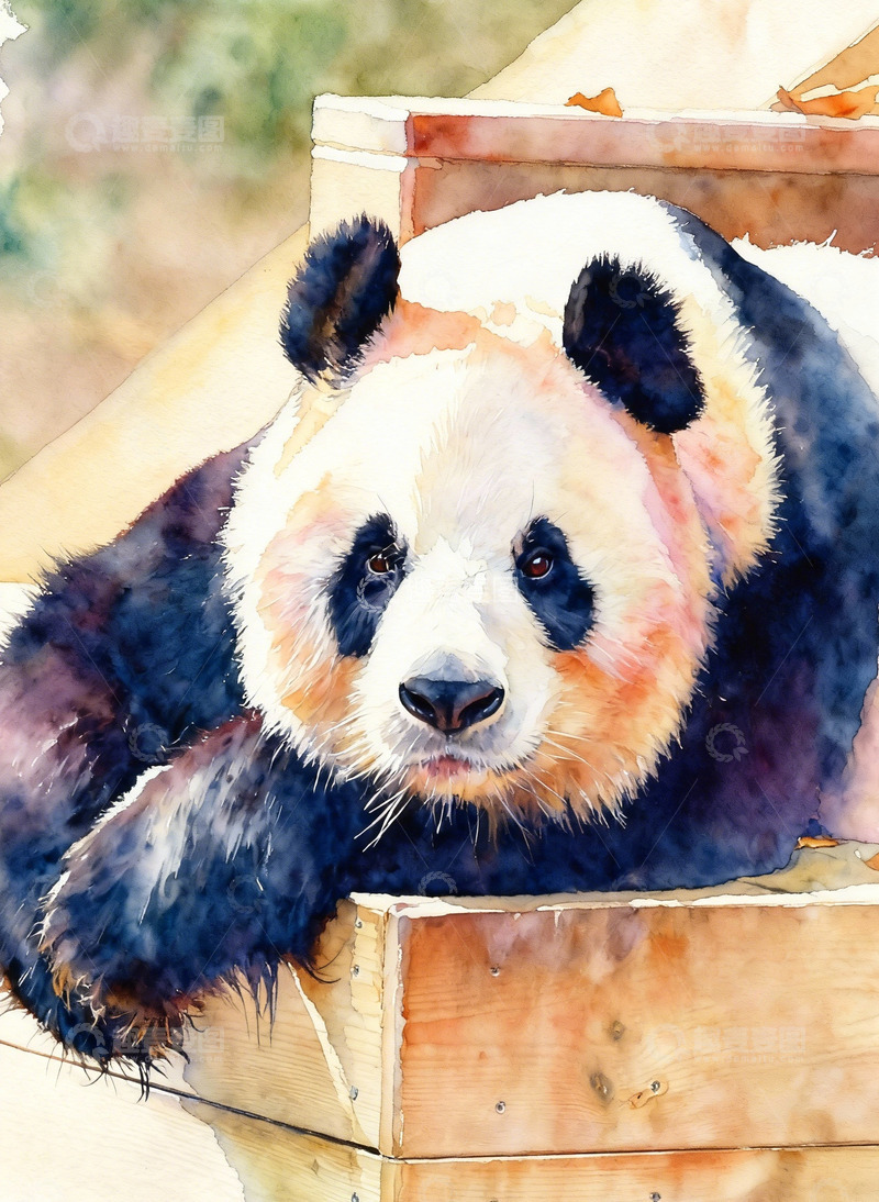 高清大图下载【趣麦麦图】熊猫水彩画手绘