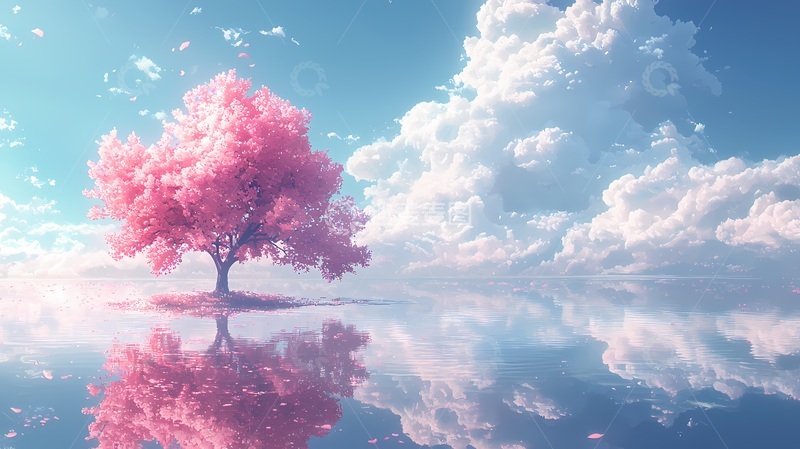 高清大图下载【趣麦麦图】梦幻樱花湖景插画