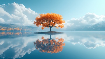 秋水孤树美景图