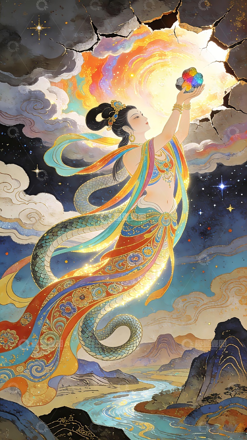 高清大图下载【趣麦麦图】女娲七彩石补天