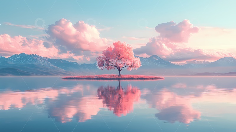 高清大图下载【趣麦麦图】梦幻湖畔粉树美景