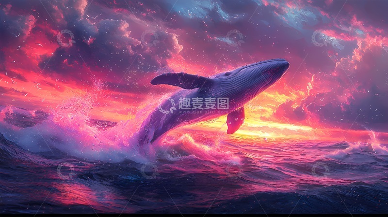 高清大图下载【趣麦麦图】奇幻鲸鱼跃出海面艺术插画