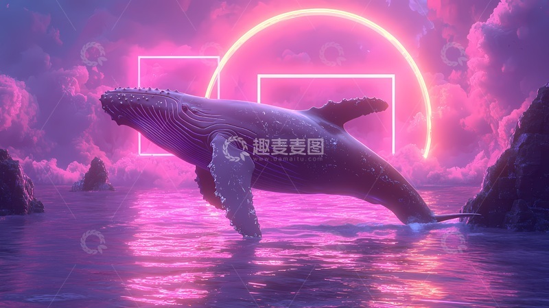 高清大图下载【趣麦麦图】霓虹鲸鱼梦幻海洋艺术插画