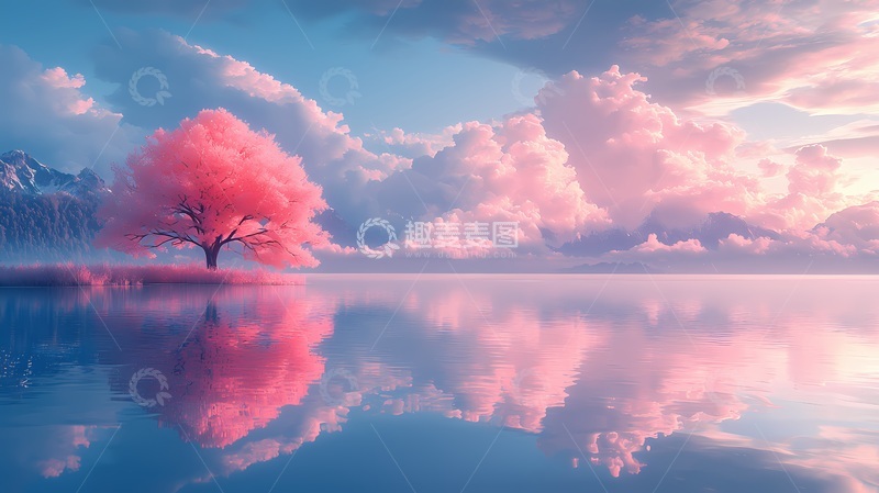 高清大图下载【趣麦麦图】梦幻湖畔粉红树景