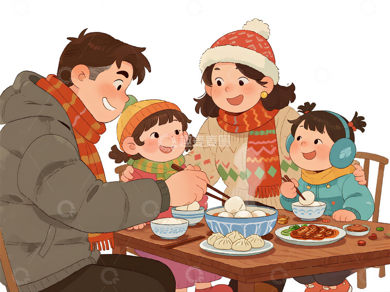 高清大图下载【趣麦麦图】卡通家庭用餐温馨插画