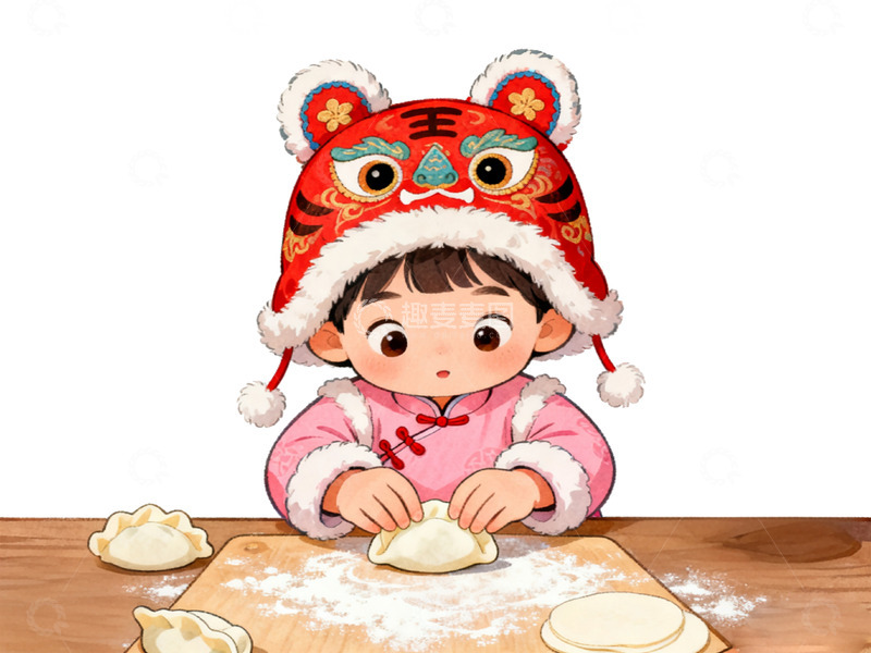 高清大图下载【趣麦麦图】卡通春节包饺子场景插画