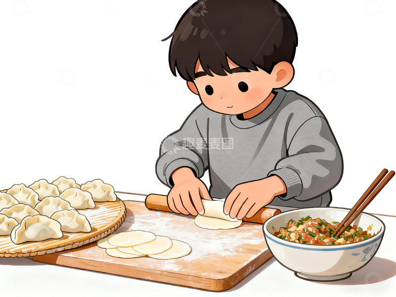高清大图下载【趣麦麦图】卡通男孩包饺子插画素材