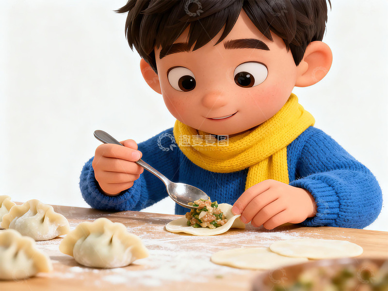 高清大图下载【趣麦麦图】卡通小男孩包饺子场景