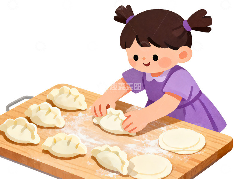高清大图下载【趣麦麦图】卡通女孩包饺子插画