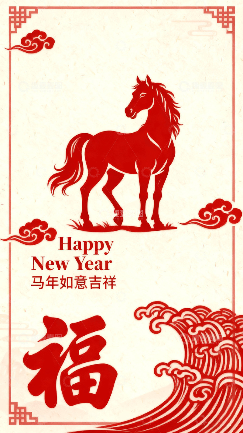 高清大图下载【趣麦麦图】马年新春祝福剪纸风海报