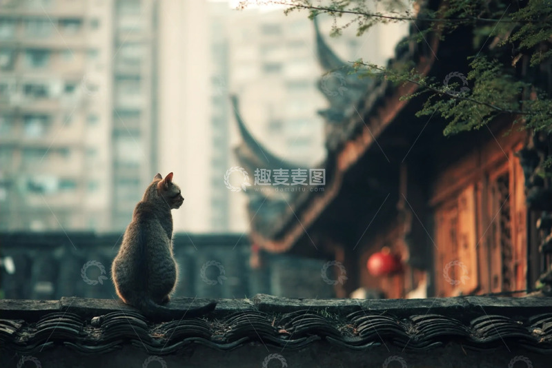高清大图下载【趣麦麦图】在中国古建筑房顶的小猫