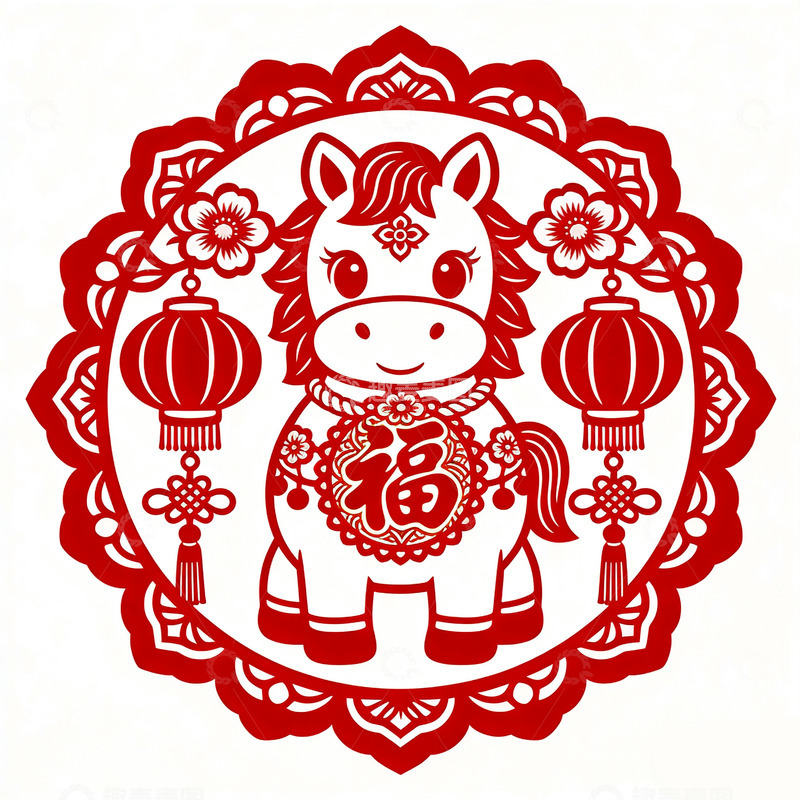 高清大图下载【趣麦麦图】剪纸风马年吉祥图案