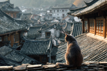 一只站在古城里的小猫