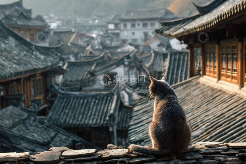 高清大图下载【趣麦麦图】一只站在古城里的小猫