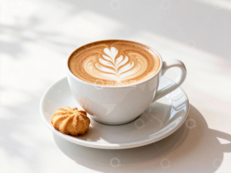 高清大图下载【趣麦麦图】阳光下的拿铁咖啡与饼干