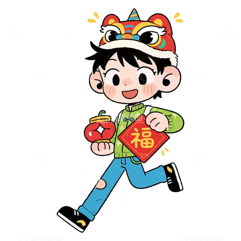 源文件下载【趣麦麦图】卡通春节小男孩送福图