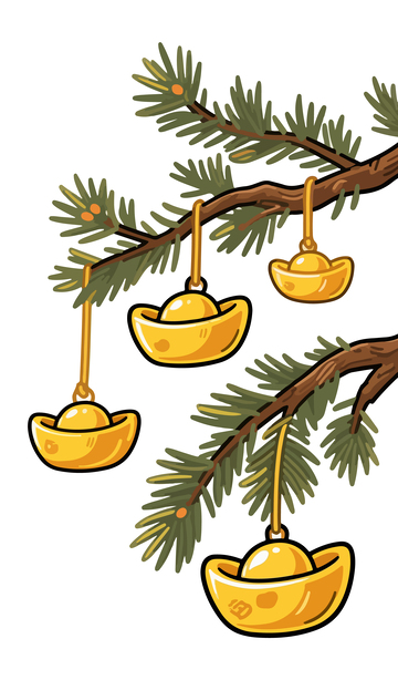 松树挂金碗卡通插画